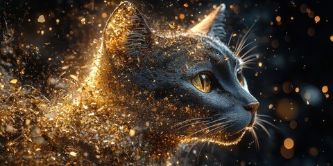 Poster - A Beautiful Cat Head Showing Golden Details On Dark Background