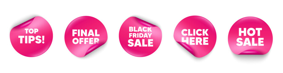 Aufkleber - Top tips sticker tag. Click here, Black friday paper price banners. Top tips tag. Education faq sign. Best help assistance. Hot sale sticker. Promo banners. Vector