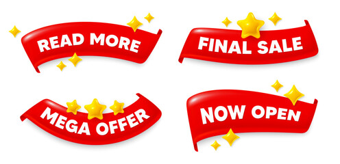 Poster - Read more flag ribbon. Mega discount, Final sale, Now open. Read More symbol. Navigation sign. Get description info. Red flag ribbon banners. Promo offer tags. Vector