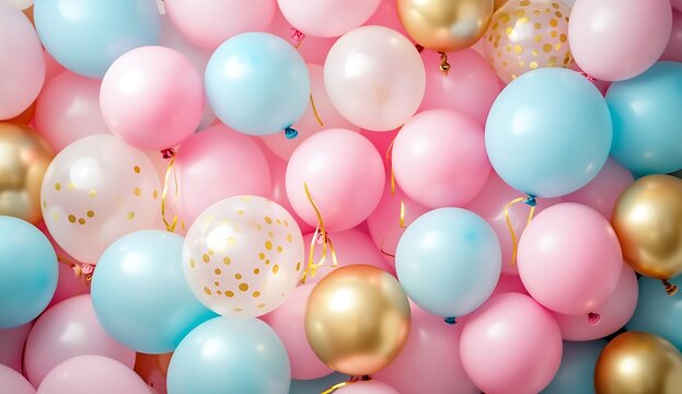 A large group of pastel-colored balloons in shades of pink, blue, and gold are arranged on top of each other