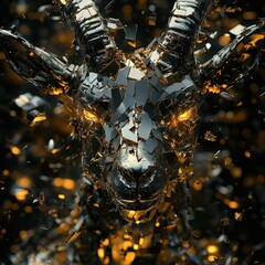 Poster - A fragmented metallic goat head with glowing yellow eyes