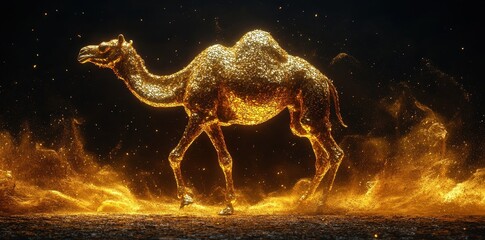 Poster - A magnificent golden camel walking across a dark background