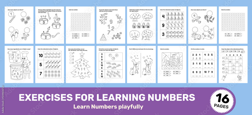 Exercises for Learning Numbers Coloring Pages for Kids – 16 Vector ...