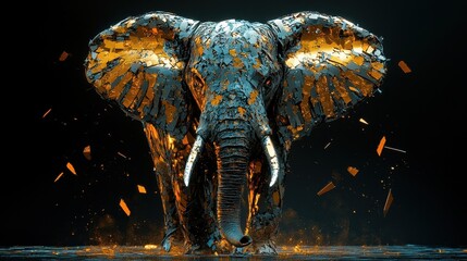 Poster - A textured elephant with gold fragments on a dark background