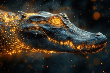 Poster - A glowing alligator head with bright golden fiery details