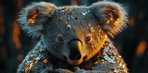 Poster - A close portrait shows a koala with shiny broken details