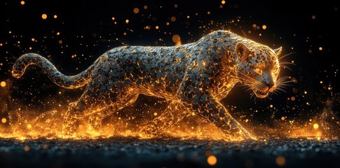 Poster - A luminous and golden cat walking with powerful intensity and grace