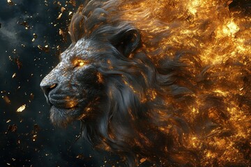 Poster - A Regal Lion Head Radiating Golden Fire and Fierce Energy