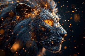 Poster - Majestic lion head with glowing golden particles against a dark background