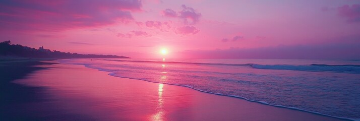 Wall Mural - Pink Sunset Beach Scene - Serene pink sunset over a tranquil beach, gentle waves lapping the shore. Peaceful and idyllic coastal scene