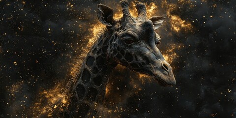 Poster - A dramatic portrait of a giraffe with fiery artistic elements