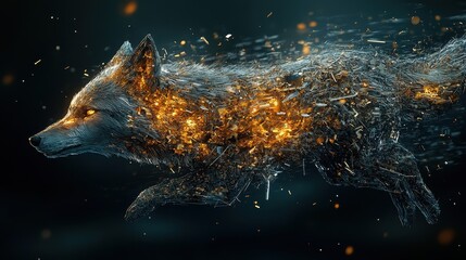 Poster - A digital artwork of a wolf running through space