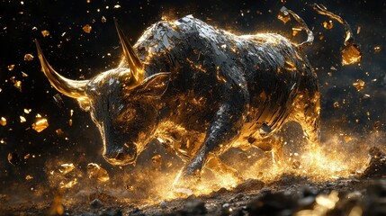 Poster - A majestic golden bull emerges from fiery glowing particles