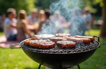 juicy beef steaks with sausages cooking on barbecue grill outdoors on party with friends. bbq meat g