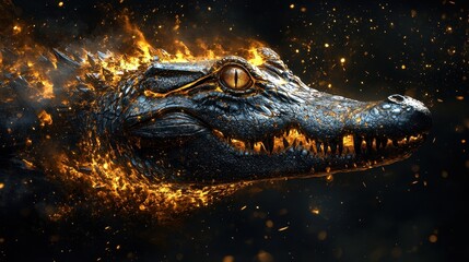Poster - A fearsome crocodile head enveloped in brilliant and bright flames
