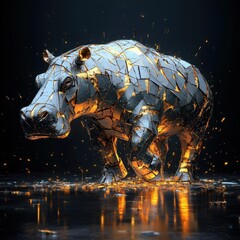 Poster - A metallic hippopotamus with fragments and an illuminated core stands