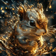 Poster - A metallic chipmunk with golden sparkles and fragmented effects