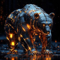 Poster - A stunning metallic bear sculpture glowing with a warm yellow light