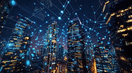 Poster - Night Skyline with Wireless Network Connections Over Cityscape