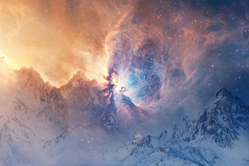 a vibrant nebula bursts forth above a majestic, snow-capped mountain range, creating a breathtaking 