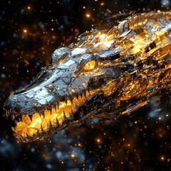 Poster - A sparkling metallic dragon head with glowing yellow eyes and mouth