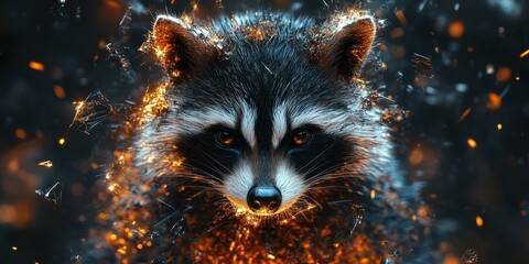 Poster - A raccoon portrait surrounded by glowing golden shattered effects