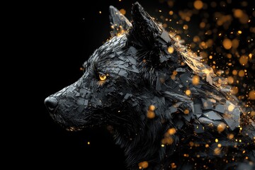 Poster - A digitally rendered head portrait of a wolf against black background