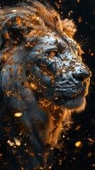 Poster - A portrait of a lion with metallic and glowing effects