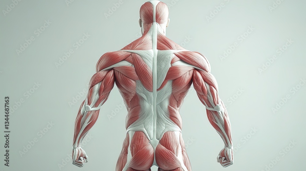 Human muscle anatomy with major muscle groups highlighted, artistic and ...