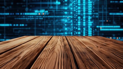 Poster - Empty Wooden Table in a Digital Workspace Environment with AI Concept Background