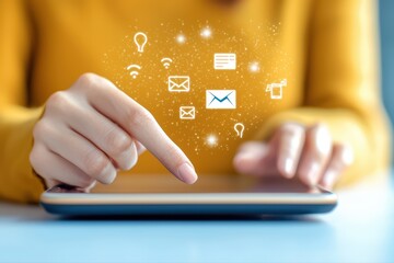 Poster - Close-Up of Hand Using Tablet to Engage with Customer Concepts and Communication Icons