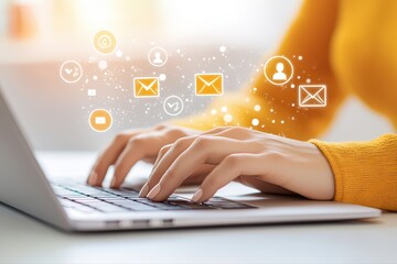 Poster - Close-Up of Woman's Hands Typing on Laptop with Digital Networking Concept Illustrations Above