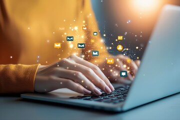 Poster - Close Up of Woman's Hands Typing on Laptop with Digital Networking Concept and Visual Effects