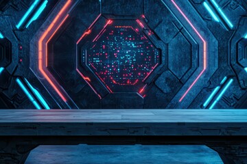 Poster - High-Tech Laboratory Concept with Empty Wooden Table and Futuristic Digital Background