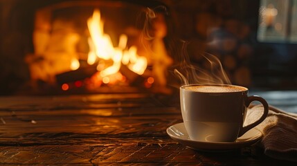 Poster - Enjoying a warm cup of coffee beside a cozy fireplace on a chilly evening for a perfect moment of relaxation Generative AI