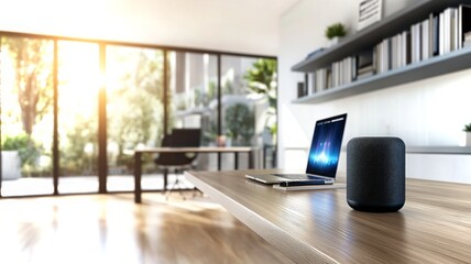 Poster - Smart speaker enhances productivity in a modern home office with