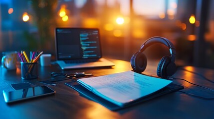 Poster - Evening workspace setup with laptop, headphones, and documents in a calming environment