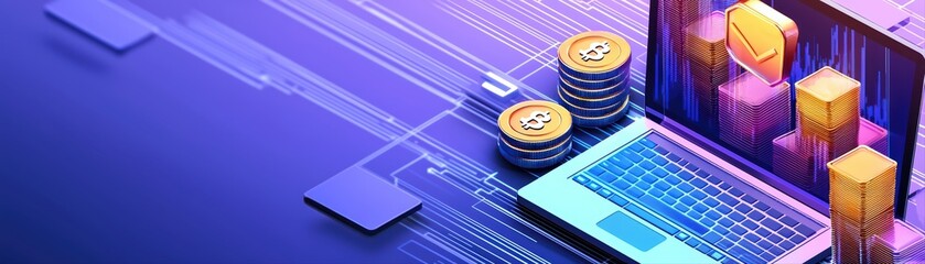 Poster - Close-up of Laptop with Digital Marketing Graphics and Coins for PPC Advertising Concepts