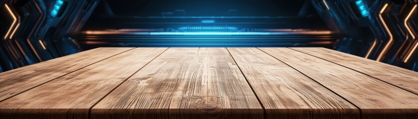 Poster - Conceptual Interior of a Space Station Featuring an Empty Wooden Table with Futuristic Background