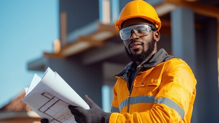 Aufkleber - A man in a yellow jacket is holding a stack of papers and wearing a hard hat