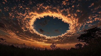 a celestial ring of clouds encircles the setting sun. a dramatic sunset sky with a hole in the cloud