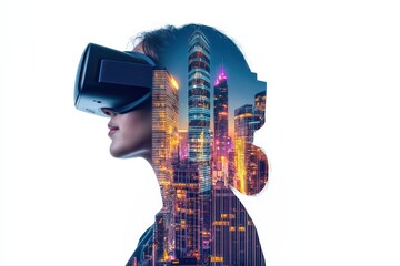Poster - Person Engaging in Virtual Reality Concept with Futuristic City Background