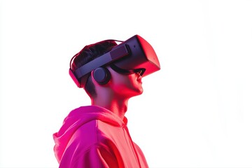 Poster - Person Experiencing Virtual Reality Concept with Headset and Red Light Background