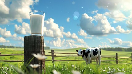 Leinwandbilder - Serene landscape with a healthy cow grazing in a lush green pasture and a refreshing glass of milk on a wooden fence post Generative AI
