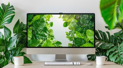 Poster - Bright and Serene Home Office Setup Featuring Dual Monitors Surrounded by Lush Greenery