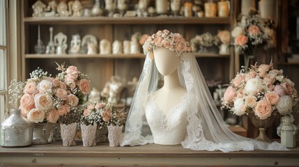 Aufkleber - A stunning bridal gown on a mannequin, adorned with lace and a floral crown. Surrounding it are elegant bouquets and delicate decorations in a charming boutique.