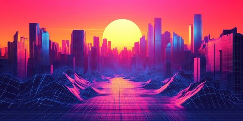 Poster - A futuristic neon cityscape with a large sun in the sky