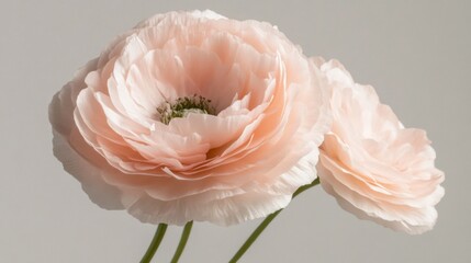 Aufkleber - Three soft pink ranunculus blooms stand tall, their layered petals unfolding in a delicate display. Their subtle color creates a serene ambiance against a clean, pale background, inviting admiration