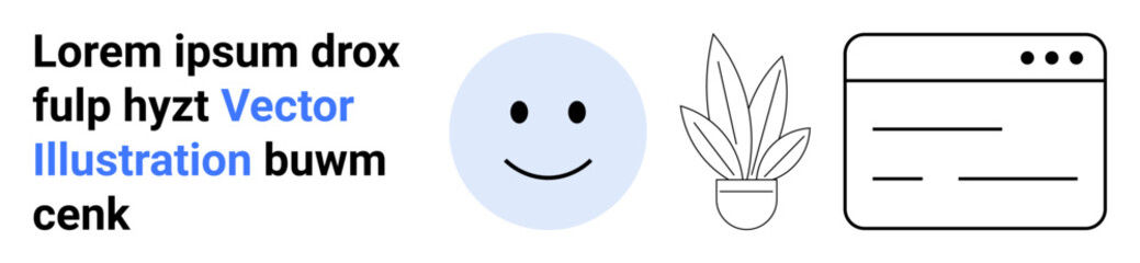 Smiling face with pastel blue circle, potted plant, and minimal web interface layout. Ideal for web design, user-friendly concepts, simplicity, nature integration, digital creativity, branding flat