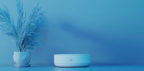 Poster - A blue decorative display with plant and smart device